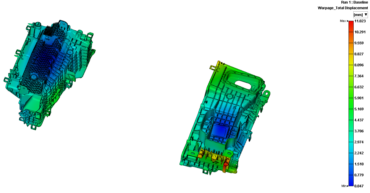 Moldex3D baseline warpage simulation, total displacement heatmap
