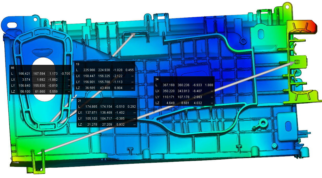 Moldex3D shrinkage output with four tracked CMM dimensions called out